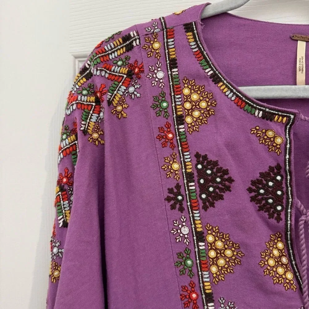 Free People Embroidered Linen Dress Tunic Size XS Purple Tie Front Embellished